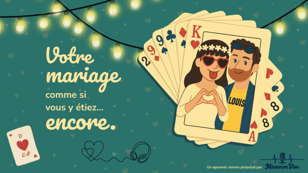 Bannière illustrée du mariage de Delphine et Louis-Patrick, avec une guirlande lumineuse, un jeu de cartes personnalisé, et le slogan 'Votre mariage comme si vous y étiez encore'. Illustration signée Mémoire Vive.