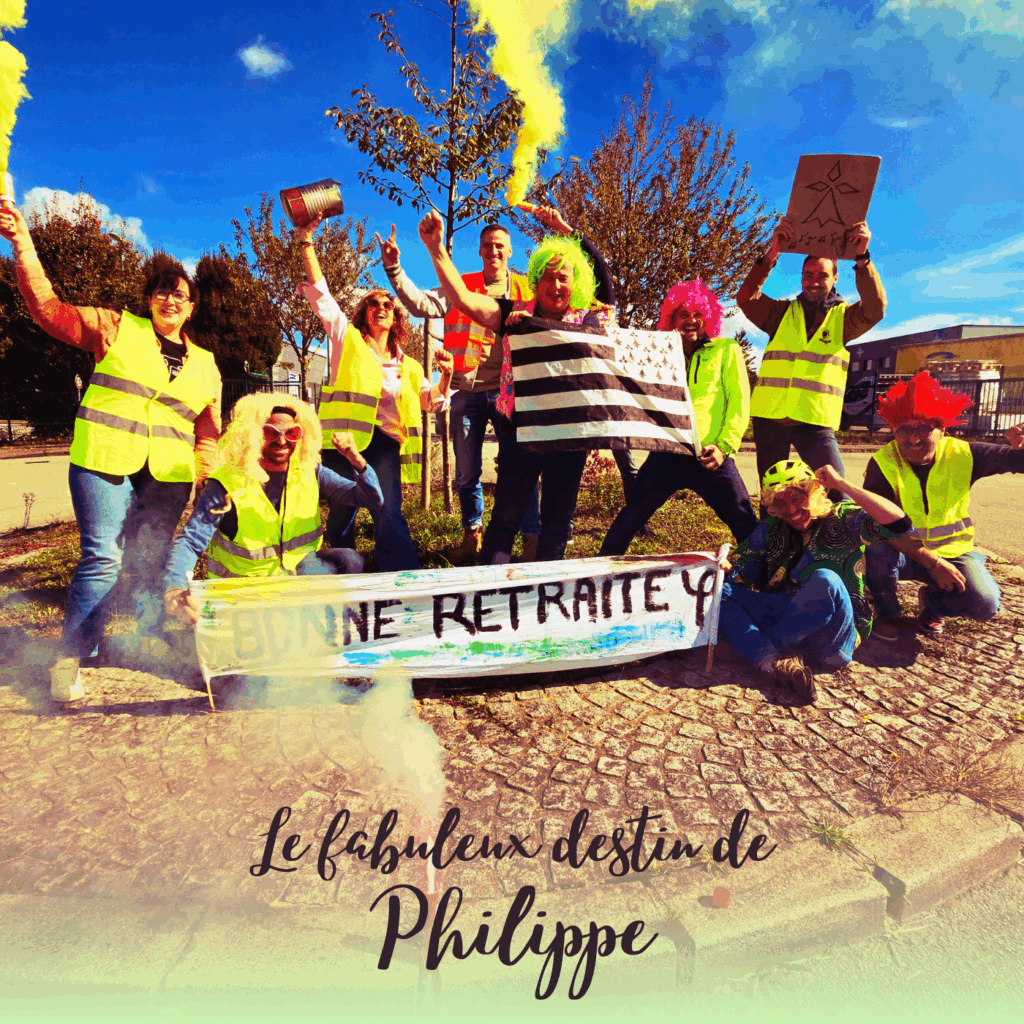 Départ en retraite PLS - Pochette vinyle (recto) Pochette d'un vinyle signé Mémoire Vive, collègues de travail déguisés et rassemblés sur un rond-point, pour fêter le départ en retraite de Philippe.