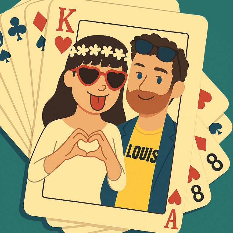 Coffret USB Mariage Delphine et Loup - Recto Un jeu de cartes avec un couple de jeunes mariés, la mariée est espiègle, le marié porte un t-shirt jaune en référence à Brice de Nice.